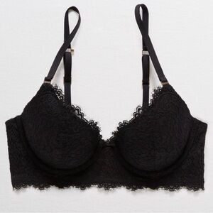 Aerie Real Power Plunge Push Up Eyelash Lace Bra in True Black